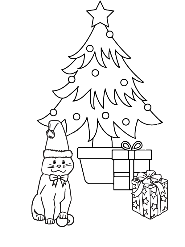 Dibujo de Christmas Tree And a Cute Cat Christmas para Colorear