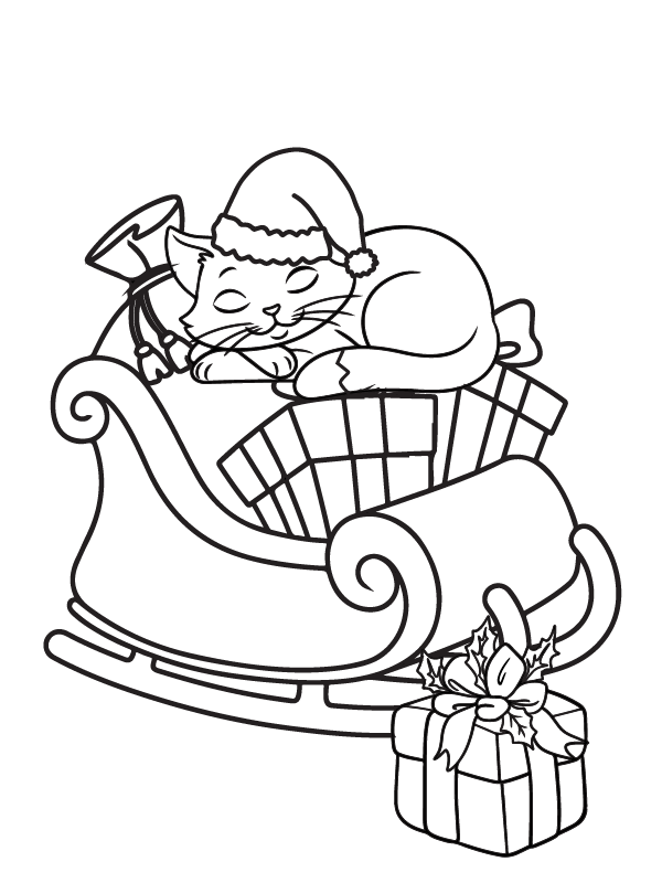 Dibujo de Cute Cat On a Sleigh Christmas Coloring Page para Colorear
