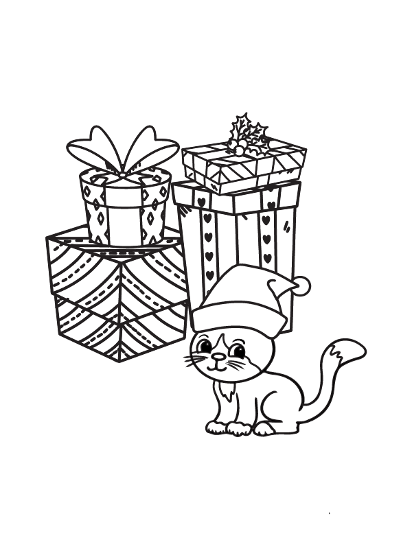 Dibujo de Presents And a Cute Cat Christmas Coloring Page 1 para Colorear
