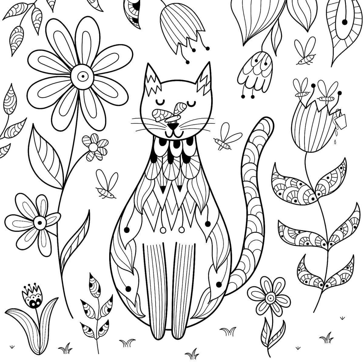 Dibujo de Gato con Flores para Colorear