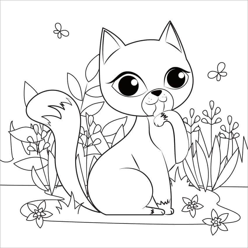 Dibujo de Gato con jardín de Flores para Colorear