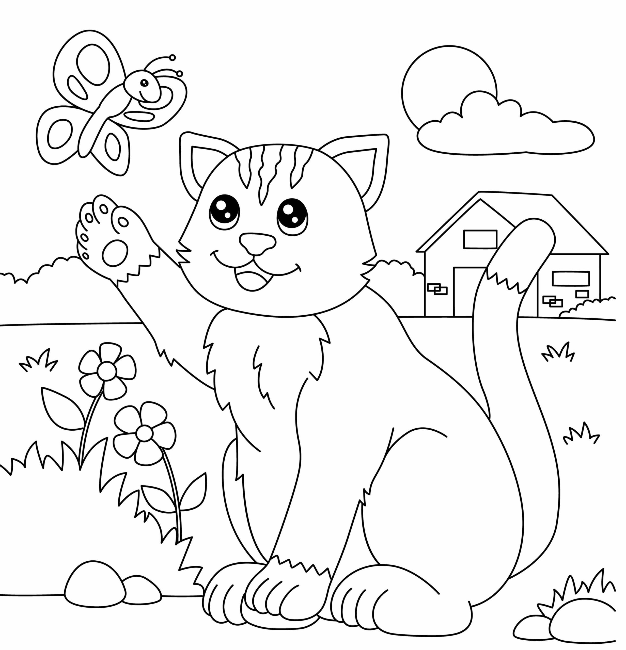 Dibujo de Gato con Mariposa para Colorear