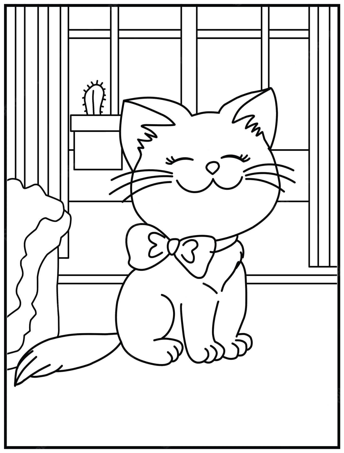 Dibujo de Gato Feliz en Casa para Colorear