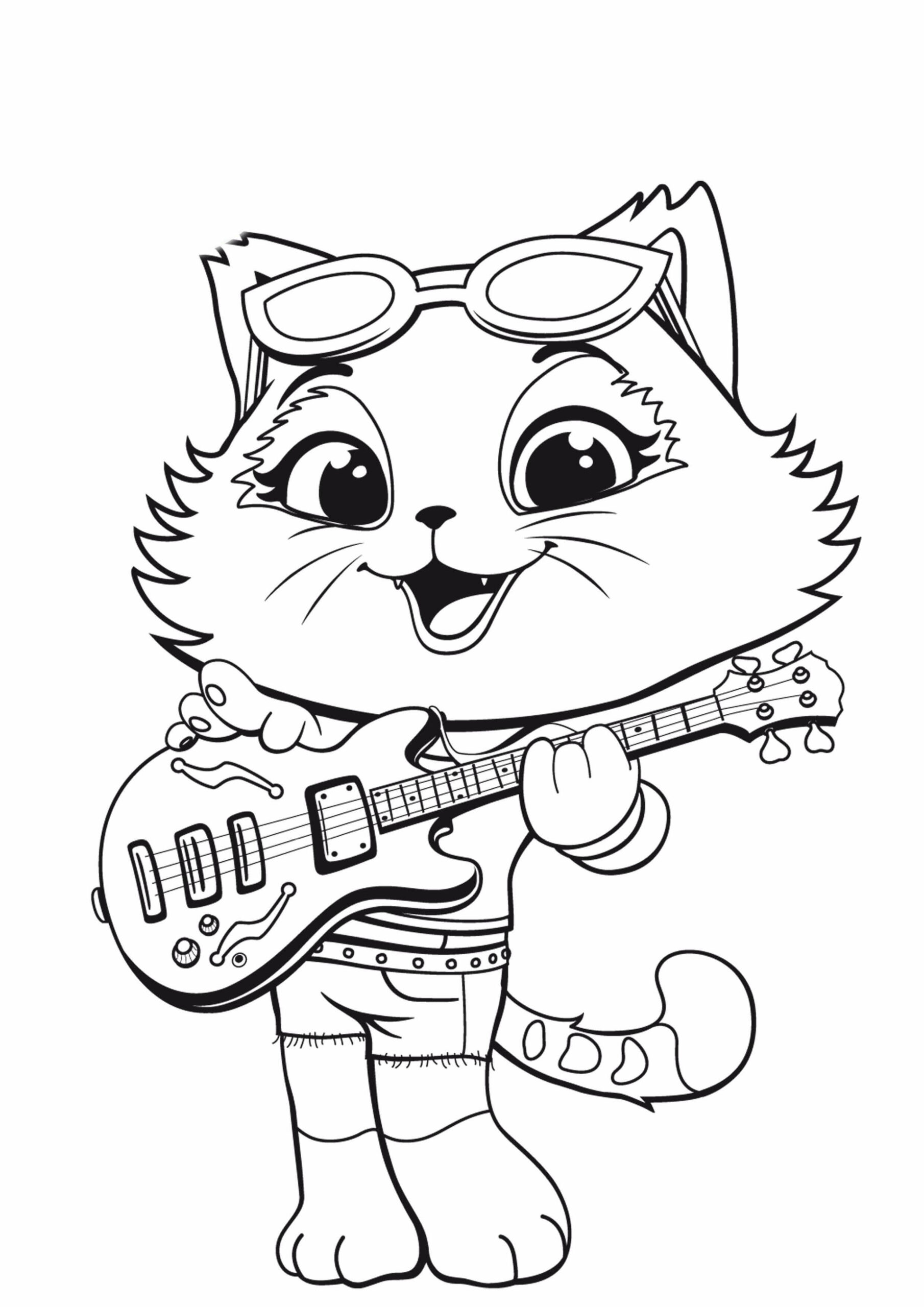 Dibujo de Gato Fresco Tocando la Guitarra para Colorear