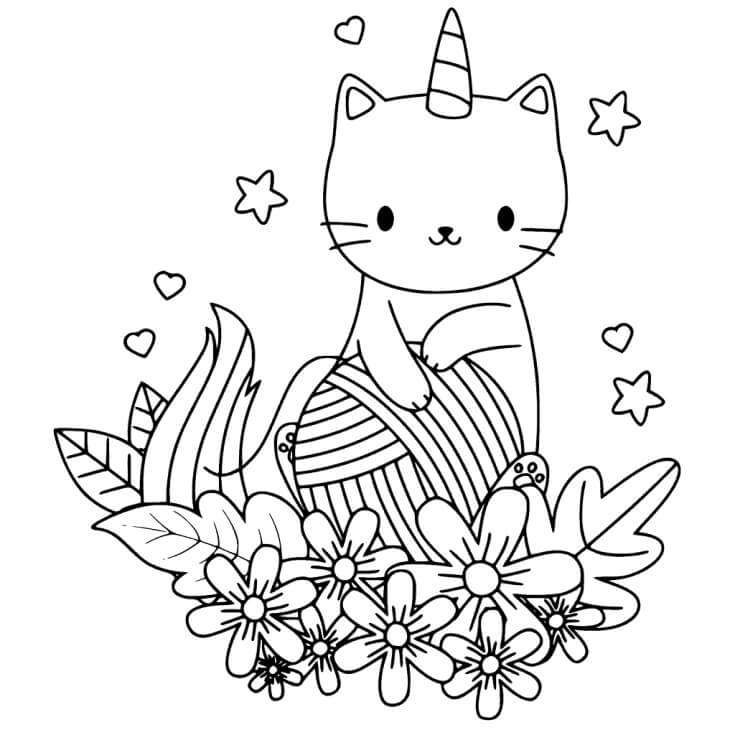 Dibujo de Gato Unicornio con Flores para Colorear