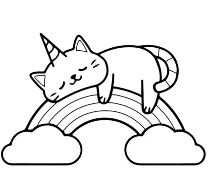 Dibujo de Gato Unicornio Durmiendo en Arco Iris para Colorear