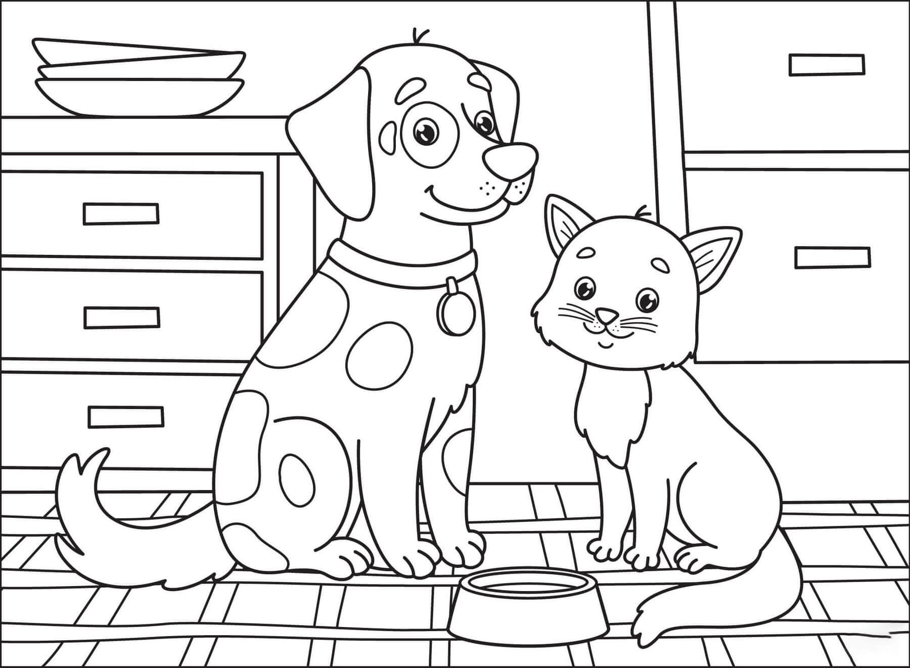 Dibujo de Gato y Perro en Casa para Colorear