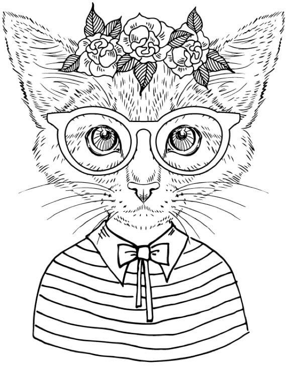 Dibujo de Retrato de Gato con Flores para Colorear