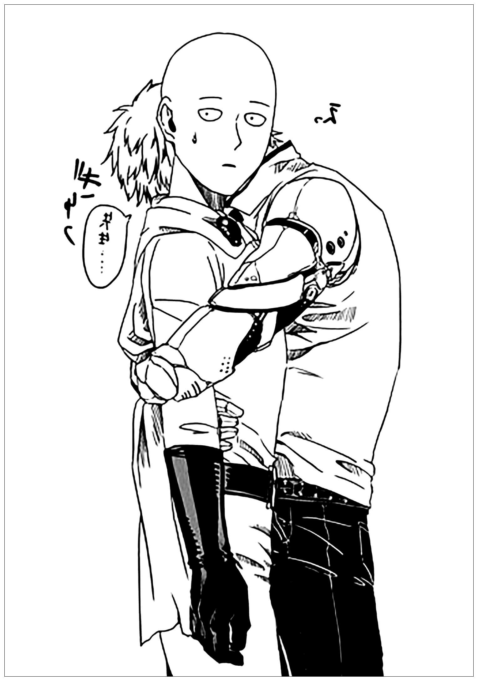 Dibujo de Genos Abrazando a Saitama para Colorear