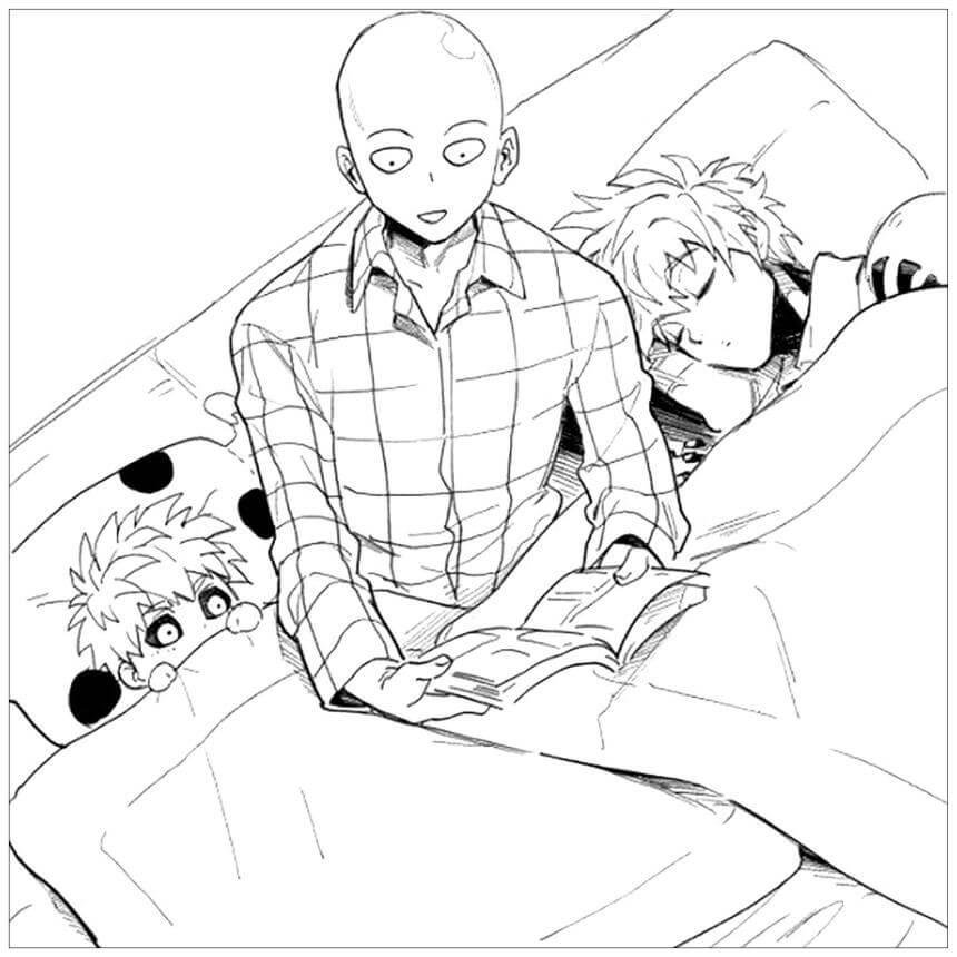 Dibujo de Saitama y Genos en la Cama para Colorear