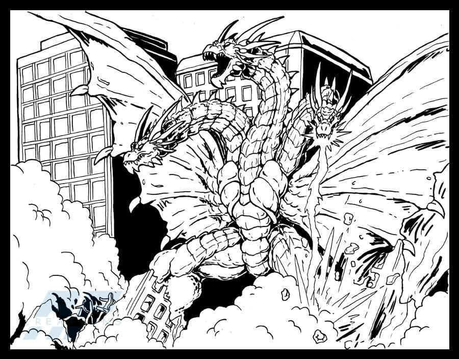 Dibujo de Ataque de Ghidorah en la Ciudad para Colorear