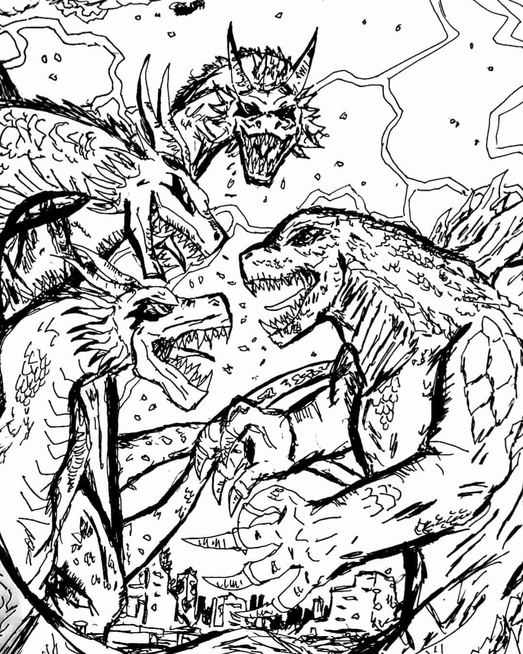 Dibujo de Dibujar a Ghidorah Contra Godzilla para Colorear