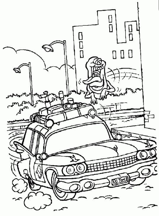 Dibujo de Cazafantasmas con Coche para Colorear