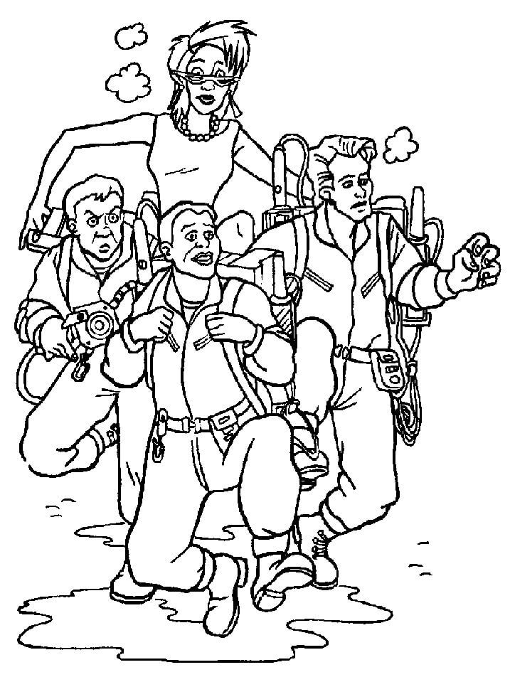 Dibujo de Cinco Personajes de Cazafantasmas Corriendo para Colorear