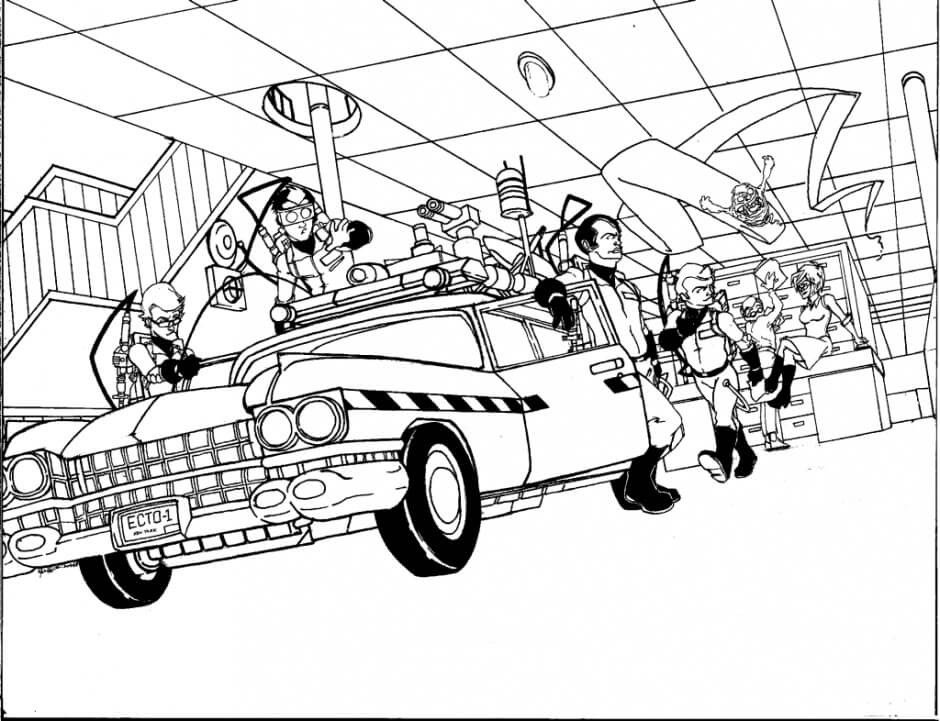Dibujo de Cuatro Personajes de Cazafantasmas con Coche para Colorear