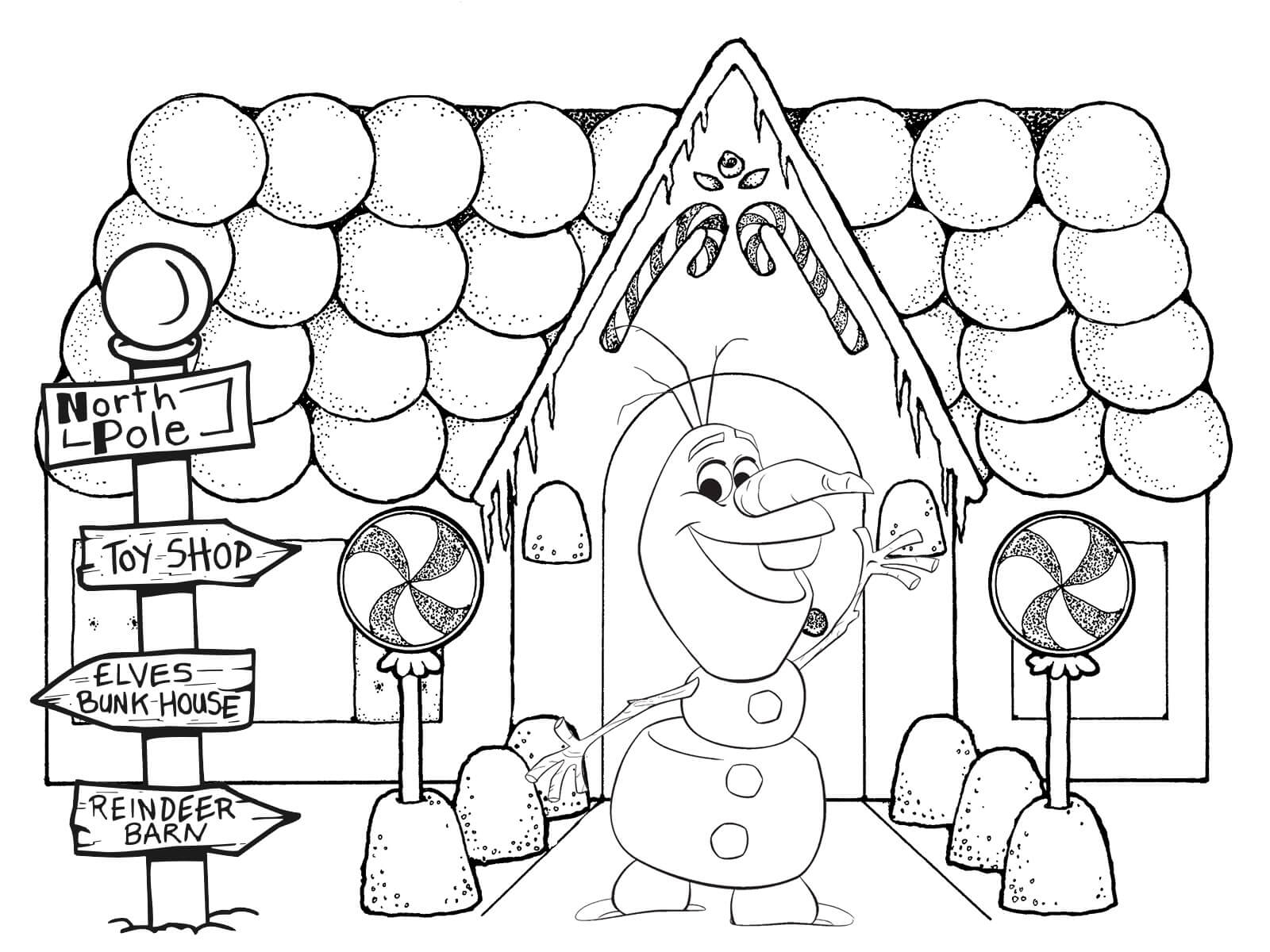 Dibujo de Casa de Pan de Jengibre Olaf Congelado para Colorear