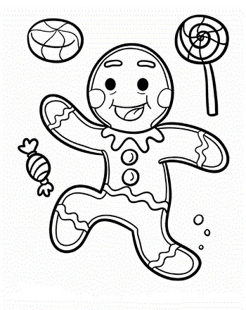 Dibujo de Hombre de Pan de Jengibre con Caramelos para Colorear