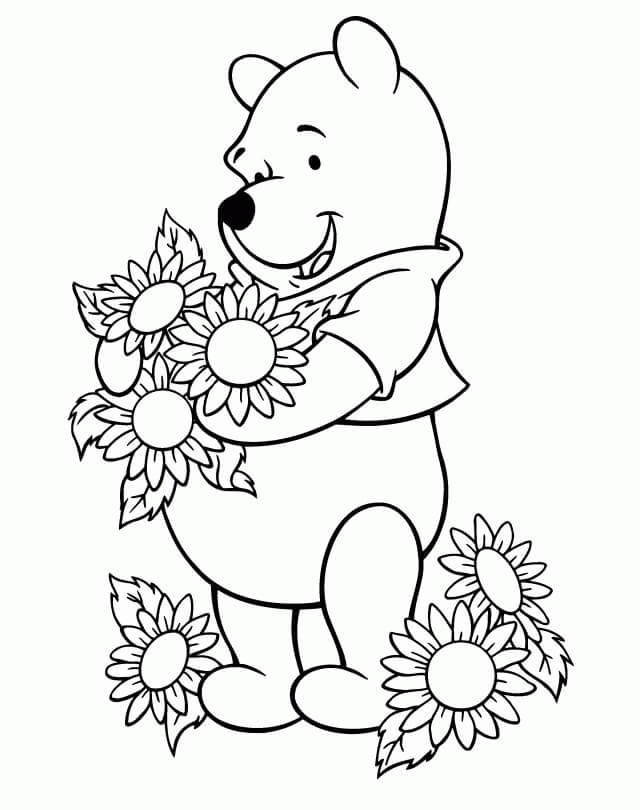 Dibujo de Winnie The Pooh Llevaba Girasol para Colorear