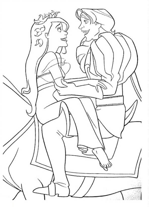 Dibujo de Giselle Montando a Caballo con el Prncipe Eduardo en Encantado para Colorear