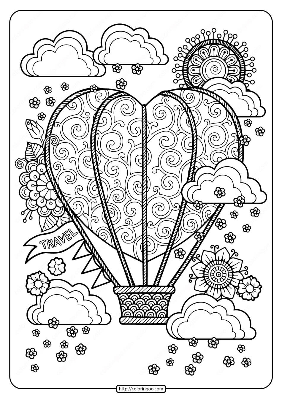 Dibujo de Globo Aerosttico en Forma de Corazn para Colorear