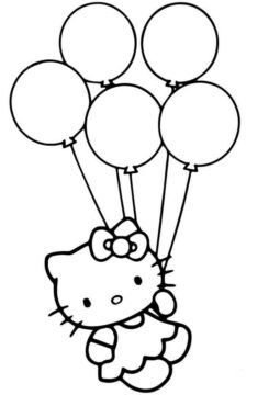 Dibujo de Hello Kitty Volando en Globo para Colorear