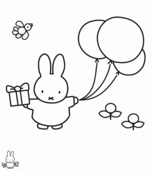 Dibujo de Miffy con Regalo y Globos para Colorear