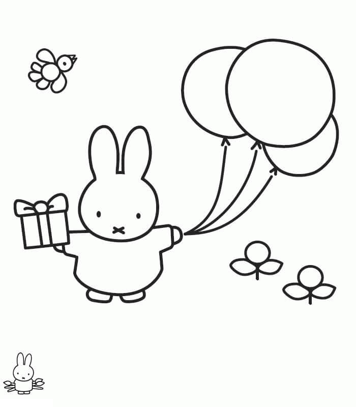 Dibujo de Miffy con Regalo y Globos para Colorear
