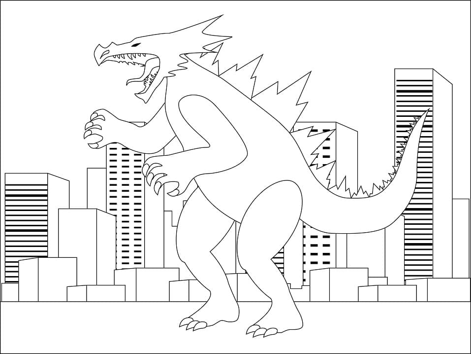 Dibujo de Aterrador Godzilla en la Ciudad para Colorear