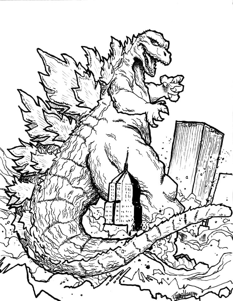 Dibujo de Ciudad Destructora de Godzilla para Colorear