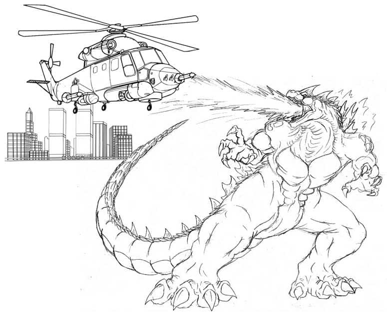 Dibujo de Godzilla Ataca Helicptero para Colorear