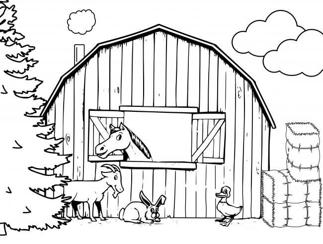Dibujo de Cuatro Animales en Granero para Colorear