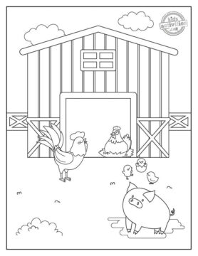 Dibujo de Pollitos de Cerdo y Familia en Granero para Colorear