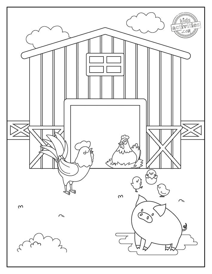 Dibujo de Pollitos de Cerdo y Familia en Granero para Colorear