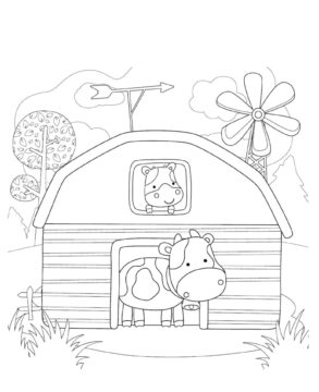 Dibujo de Vaca en una Caricatura de Granero para Colorear