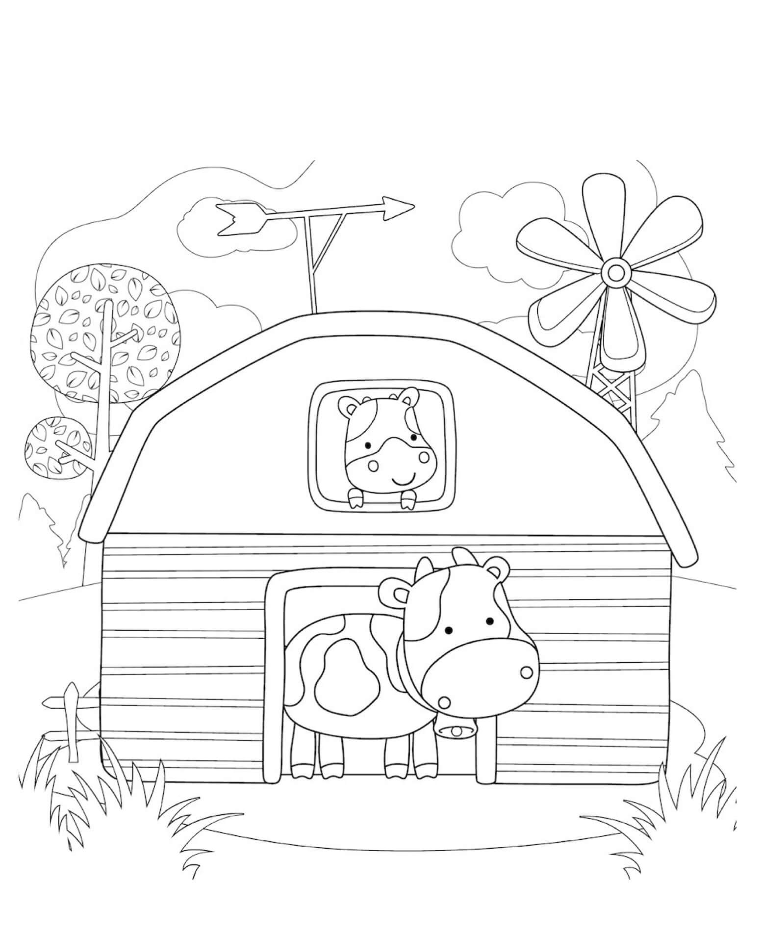 Dibujo de Vaca en una Caricatura de Granero para Colorear