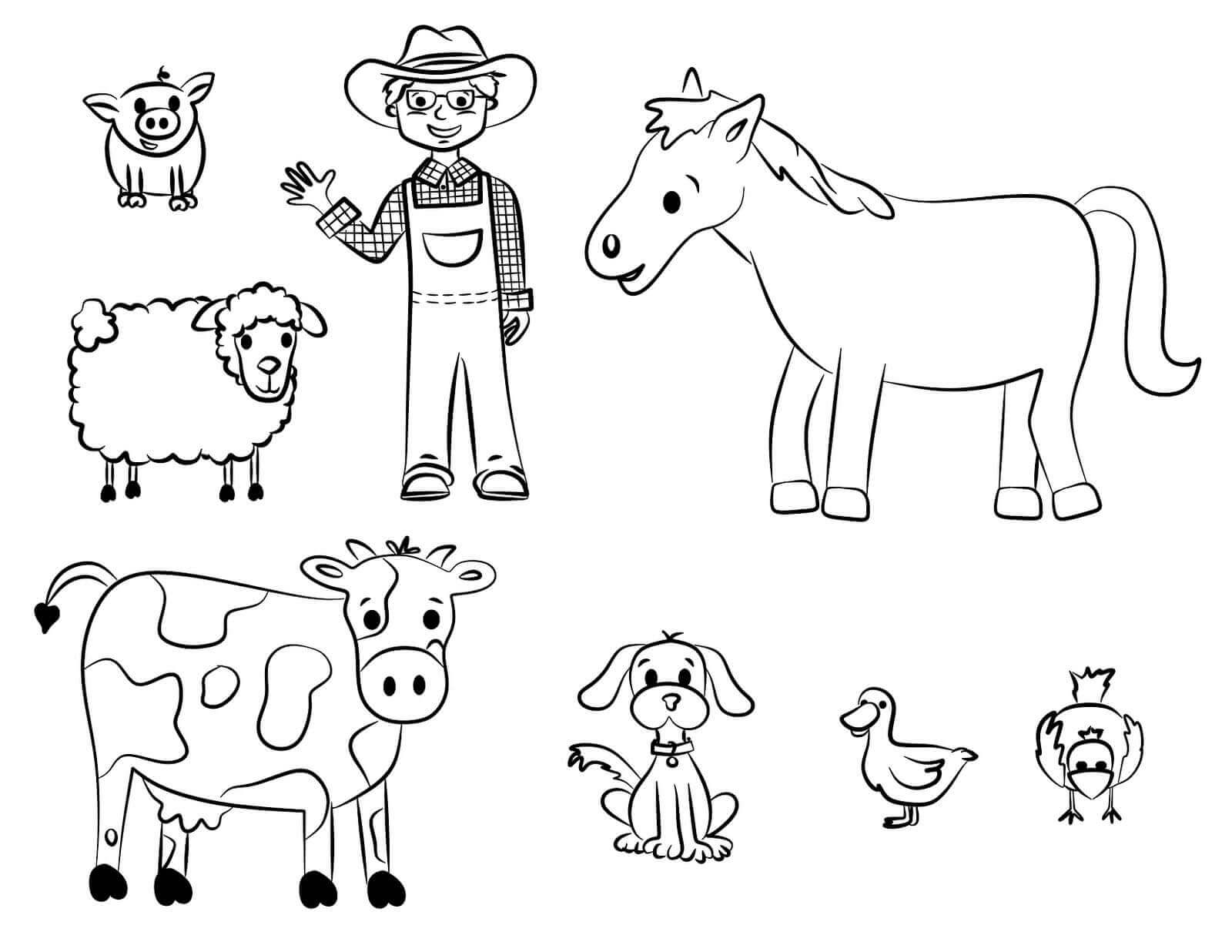 Dibujo de Agricultor y Animal en Granja para Colorear