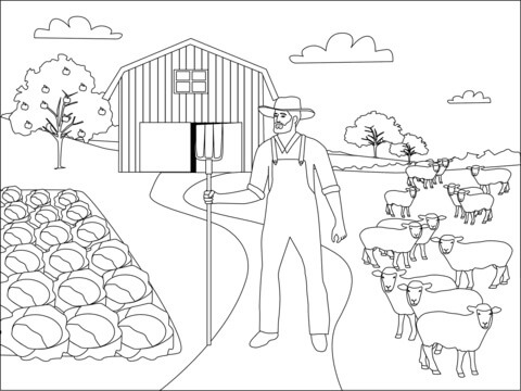 Dibujo de Agricultor y Oveja Vegetal para Colorear