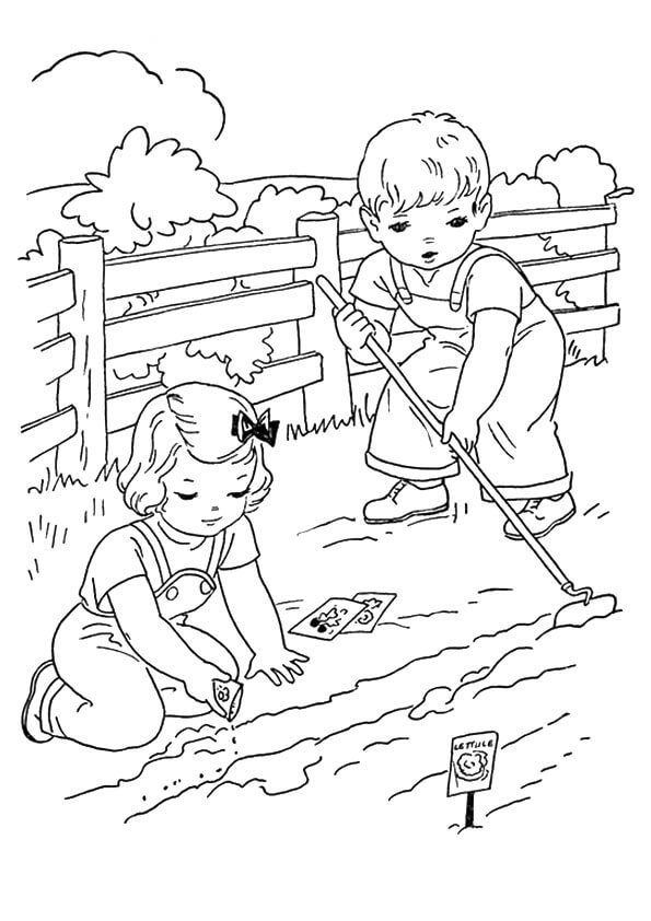 Dibujo de Dos Nios Agricultura para Colorear