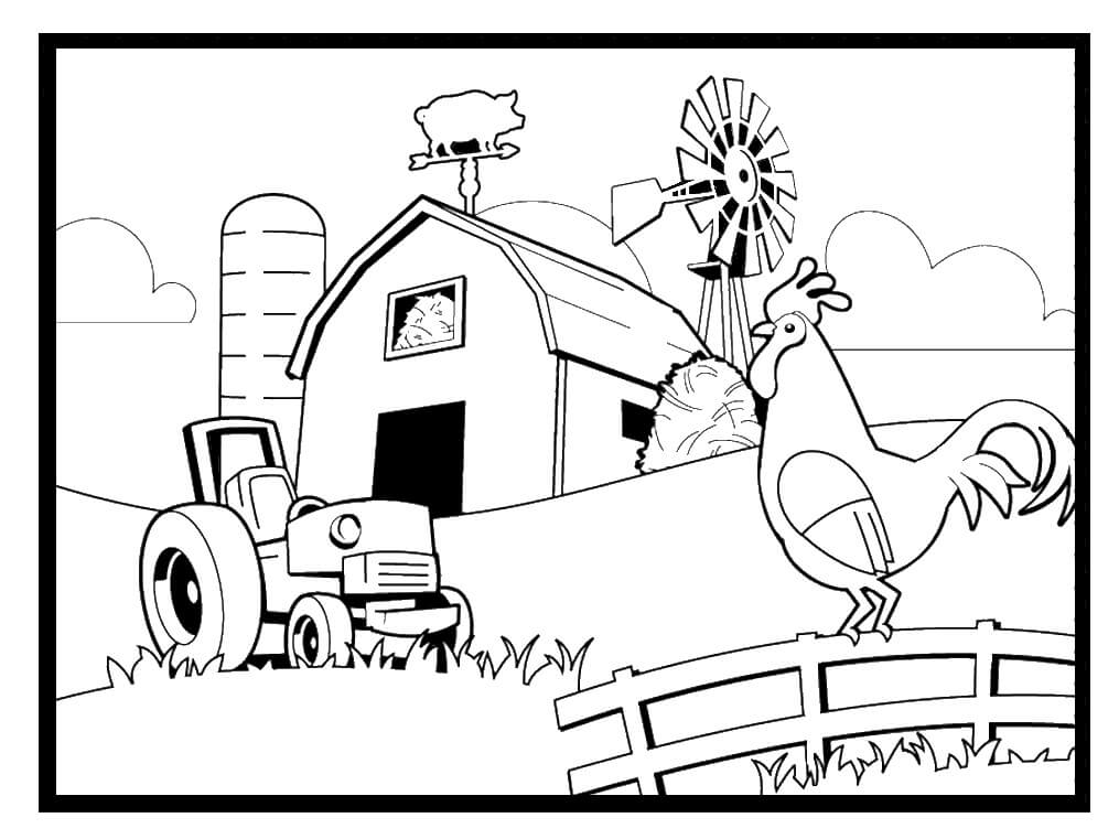 Dibujo de Gallo y Tractor en la Granja para Colorear