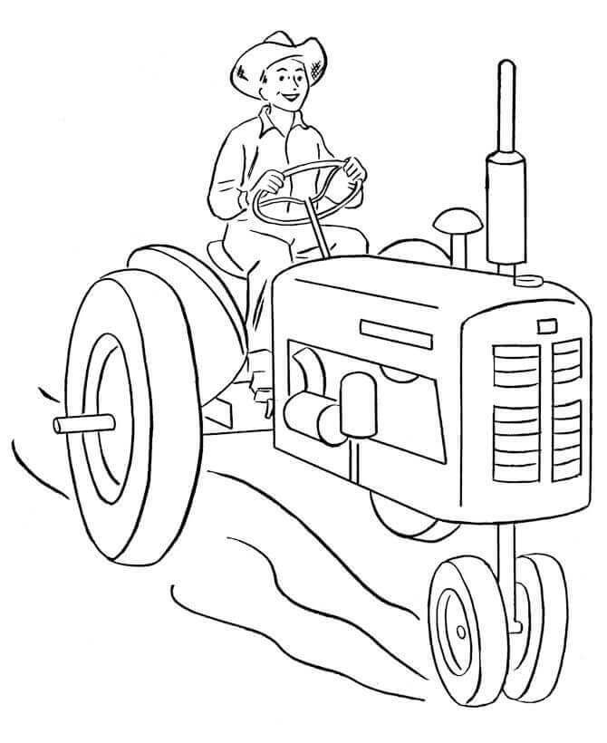 Dibujo de Granjero Sentado en el Tractor en la Granja para Colorear