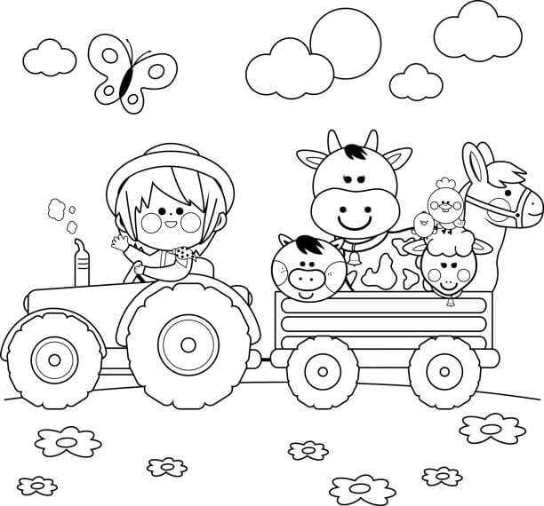 Dibujo de Nia Agricultora con Animales para Colorear