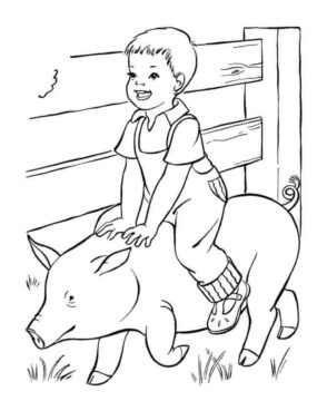 Dibujo de Nio Sentado en el Cerdo en la Granja para Colorear