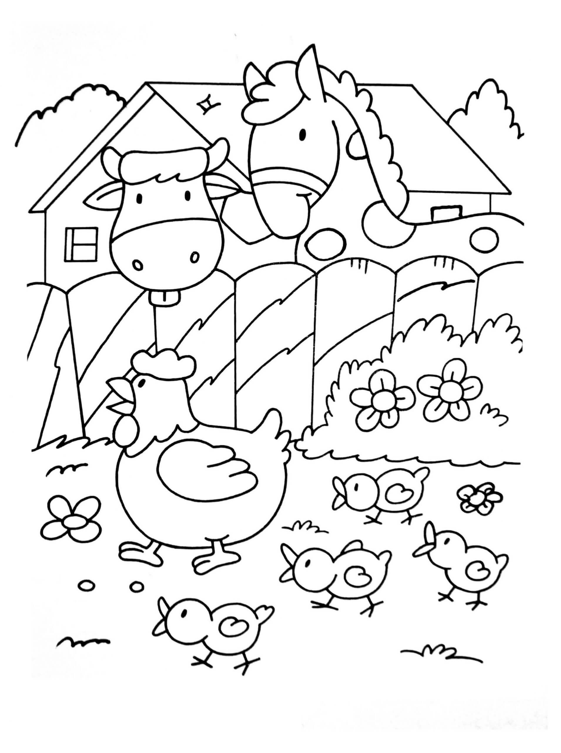 Dibujo de Pollo Caballo y Vaca en la Granja para Colorear