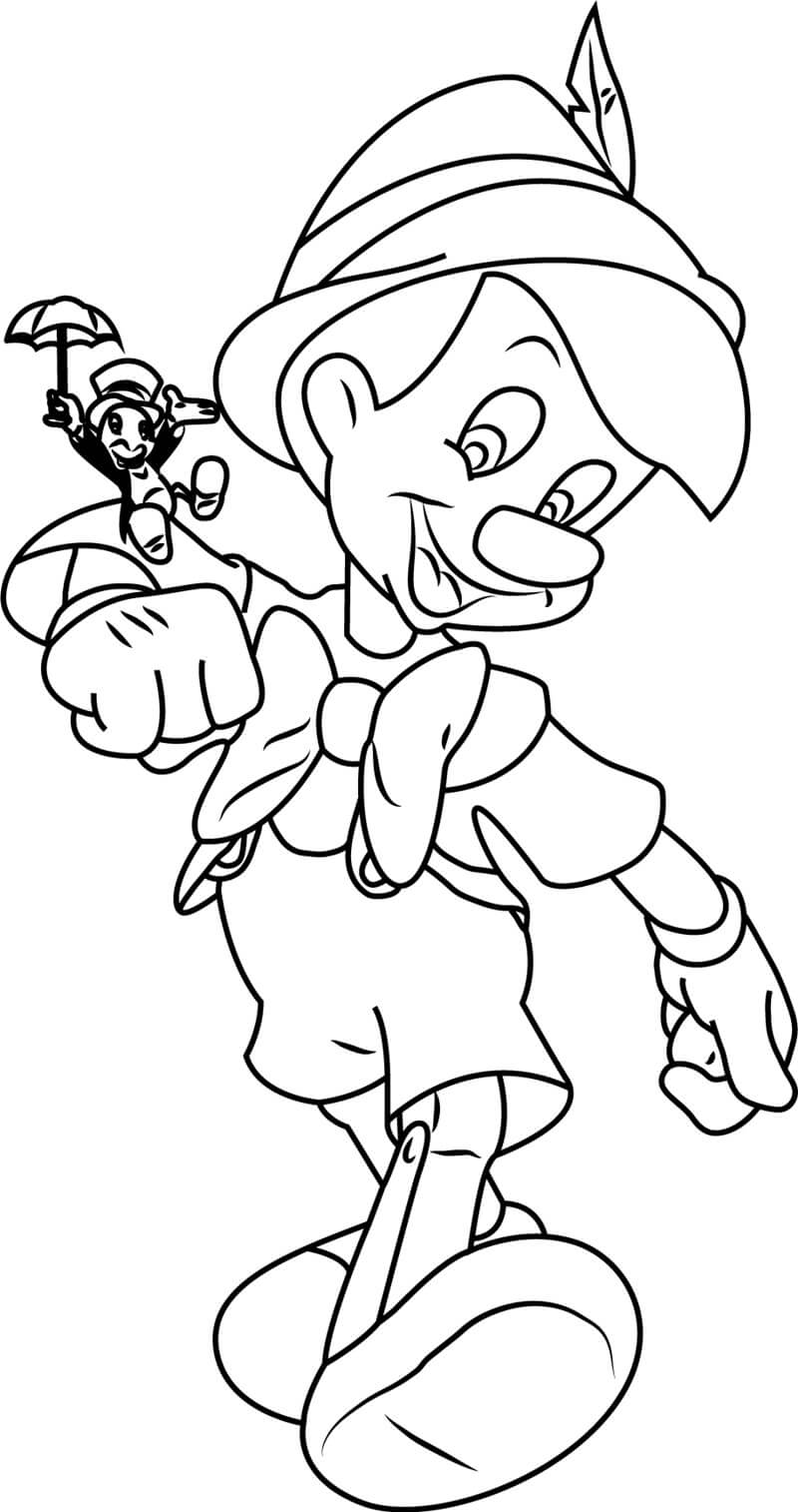 Dibujo de Pinocchio con Jiminy Grillo para Colorear