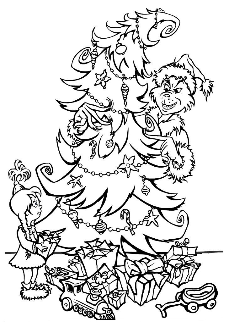 Dibujo de Grinch Esta Decorando el árbol de Navidad para Colorear