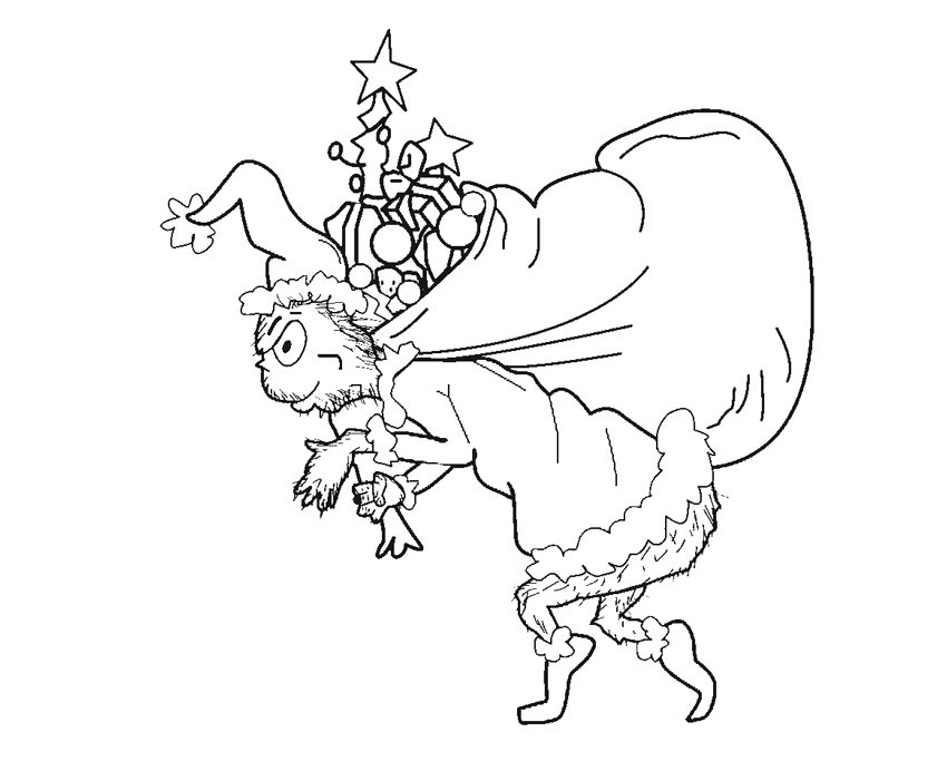 Dibujo de Grinch Llevando una Bolsa de Regalo para Colorear