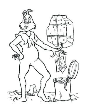 Dibujo de Grinch Tira la Basura a la Papelera de Reciclaje para Colorear