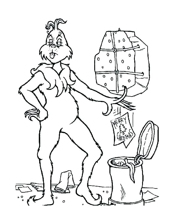 Dibujo de Grinch Tira la Basura a la Papelera de Reciclaje para Colorear