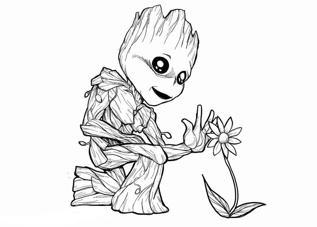 Dibujo de Baby Groot con Flor para Colorear