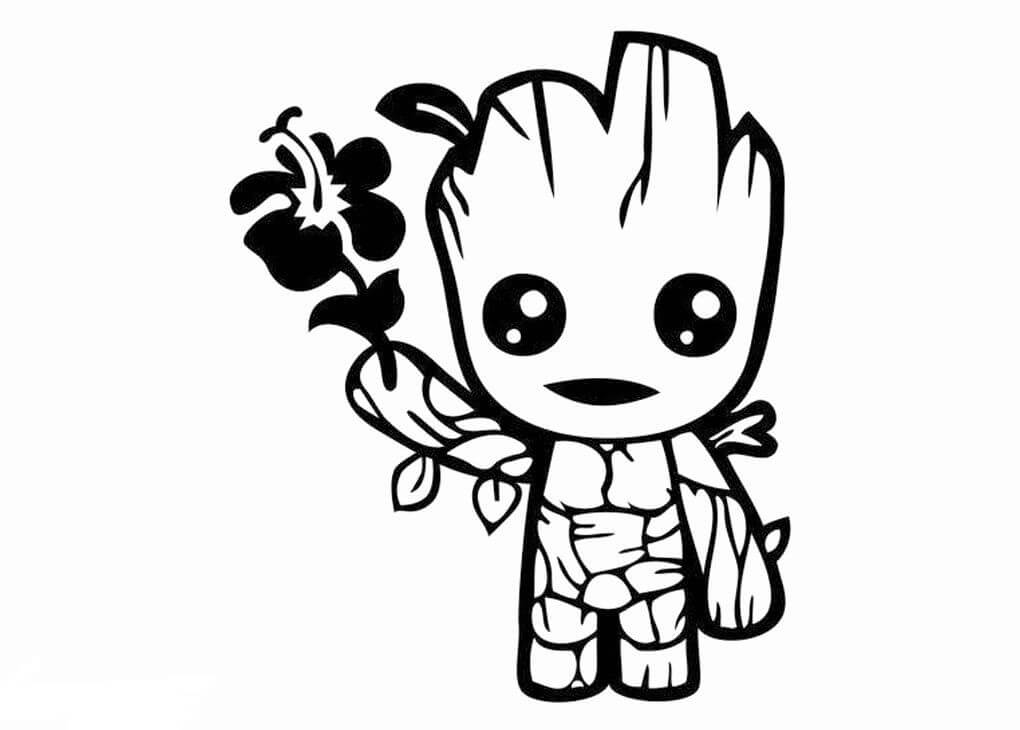 Dibujo de Chibi Groot Sosteniendo una Flor para Colorear